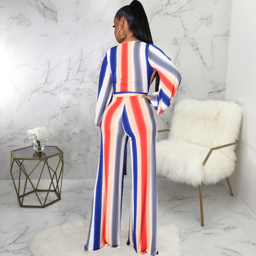 Stripe Print V-Neck Long Sleeved Jumpsuit NSMRF116557