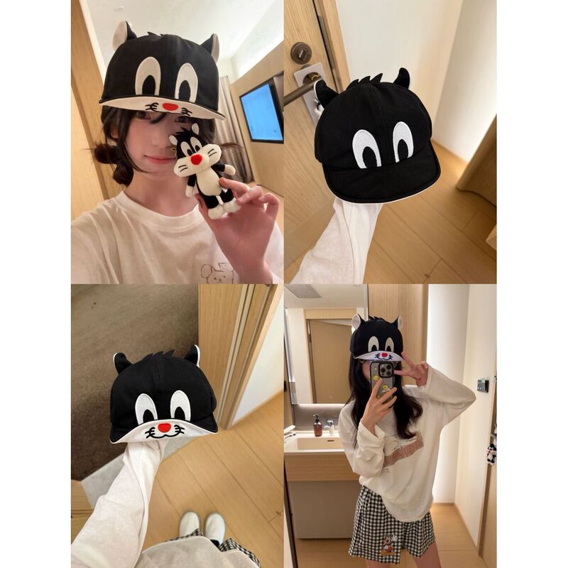 Cute Big Silly Cat Korean Black Cat Soft Brim Baseball Cap with Big Silly Cat Embroidery for Couples, Versatile Cute Big Silly Cat Korean Black Cat Soft Brim Baseball Cap with Big Silly Cat Embroidery for Couples, Versatile