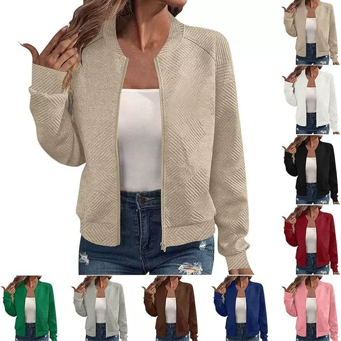 2025春秋季跨境亚马逊欧美女装新款时尚格子拉链圆领长袖外套女士