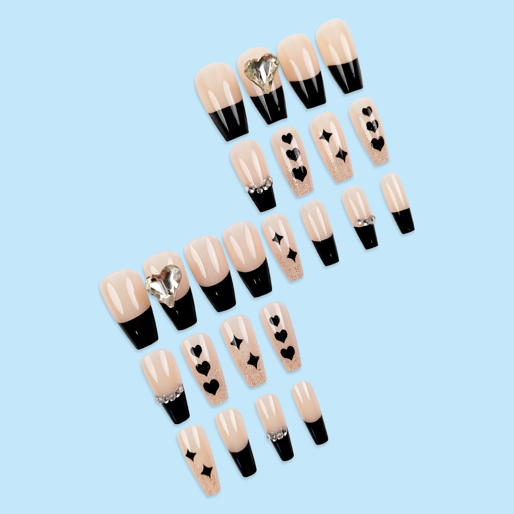 Moda con diamantes para usar uñas de ballet dulce y misterioso amor negro francés 24 piezas de parche de uñas