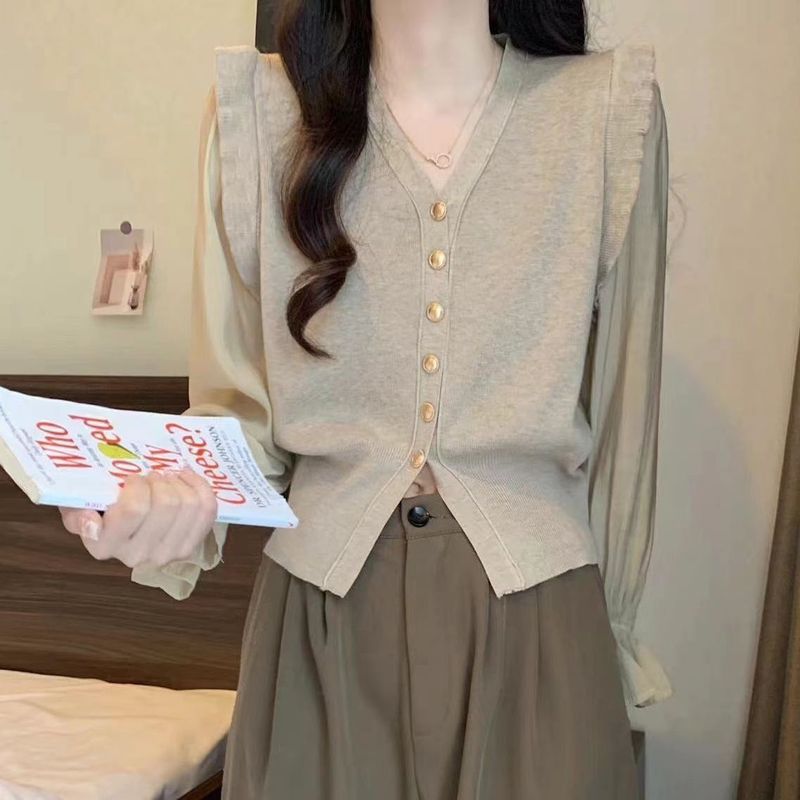 胖MM大码秋冬荷叶边V领针织衬衣开衫拼接泡泡袖假两件长袖女上衣|undefined