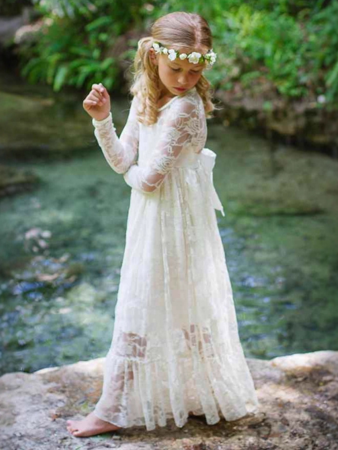 Vestido de novia para niñas, estilo europeo y americano, de encaje, manga larga, vestido de hada, vestido largo para cumpleaños y actuaciones.