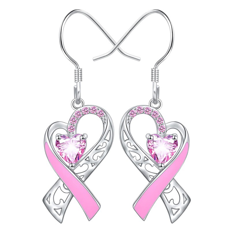 Simple Pink Love Ribbon-shaped Earrings with Diamond Love Creative Encouragement Courage Ladies Temperament Earrings Ear Hook