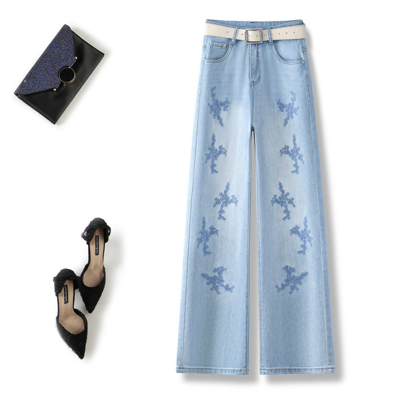 2025 Spring/Summer Cross-Border Popular High-Waisted Slimming Straight-Leg Jeans for Women in Light Blue with Heavy Embroidery and Rhinestones, Factory Direct Supply 2025 Spring/Summer Cross-Border Popular High-Waisted Slimming Straight-Leg Jeans for Women in Light Blue with Heavy Embroidery and Rhinestones, Factory Direct Supply