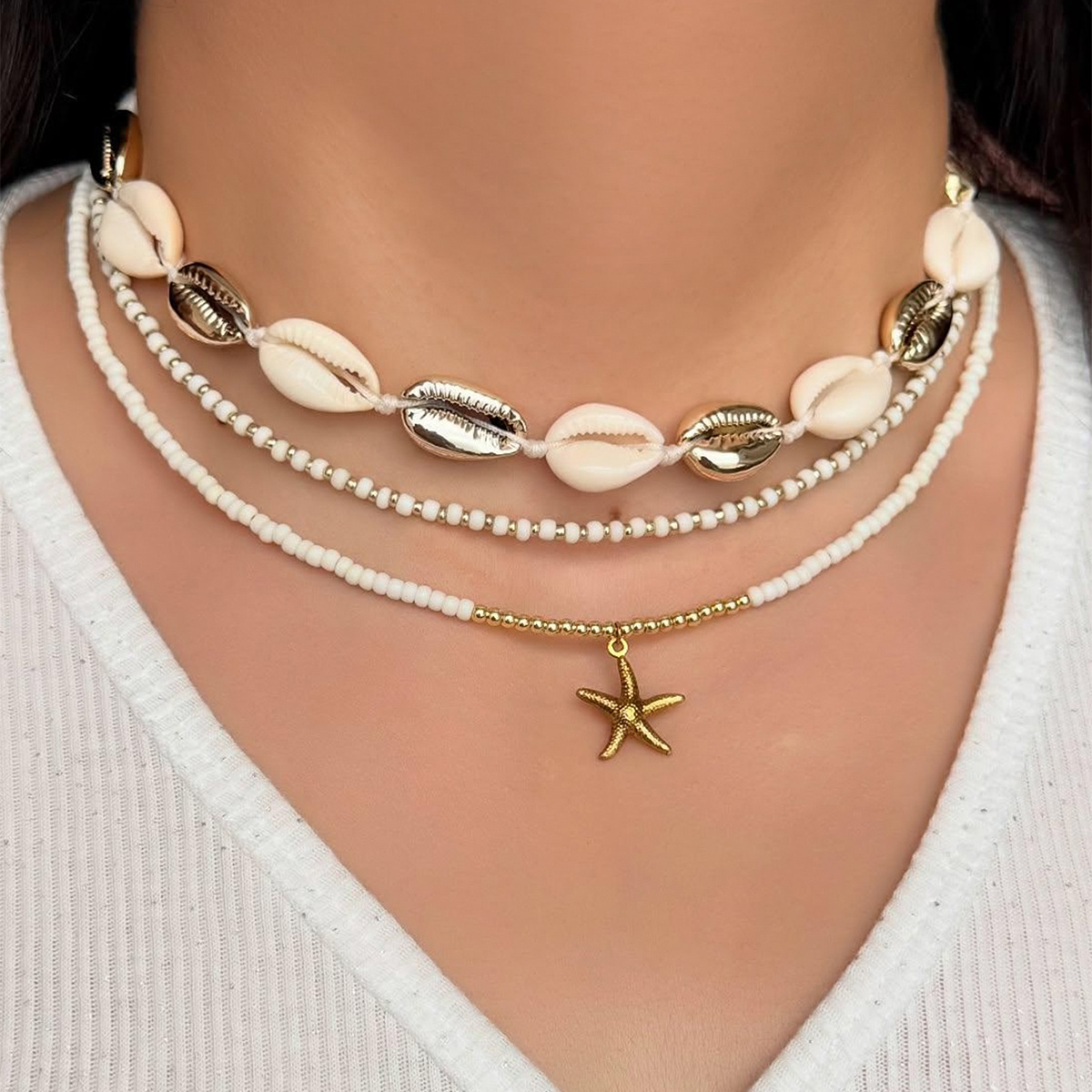 Bohemian Layered Necklace White Rice Bead Ocean Beach Style Jewelry_voghion.com