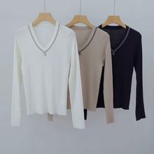 南油BC原单桑蚕丝羊毛V领重工金属链长袖纯色长袖针织衫上衣长袖