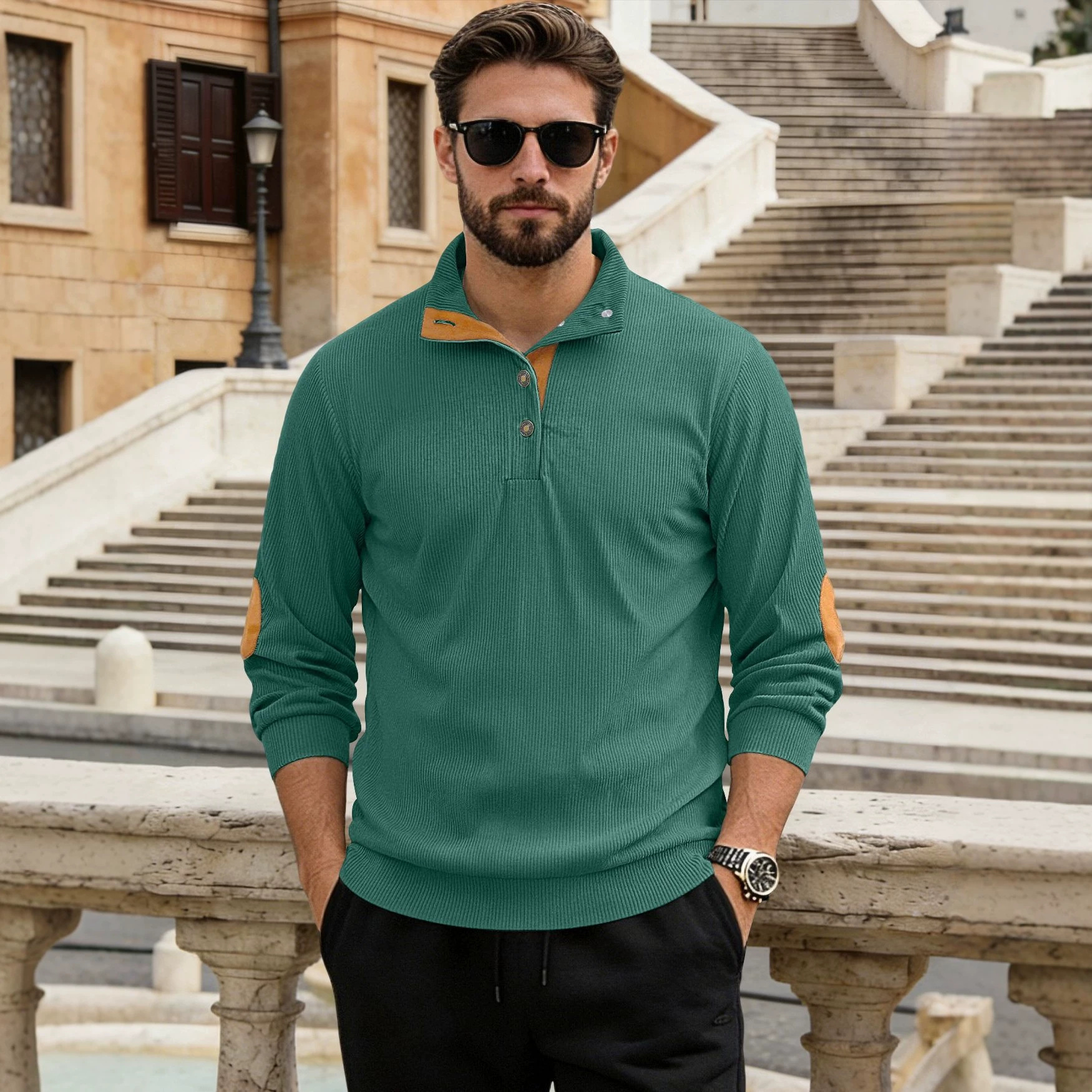 Nuevo cross-border otoño y invierno tamaño europeo cuello de manga larga camisa casual Amazon tejido de terciopelo overhead Henry suéter hombre