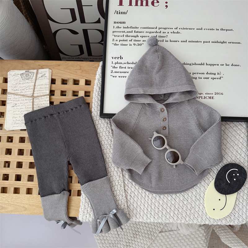 0-3 Years Old Baby Girl Autumn and Winter Knitted Wool Two-Piece Set Korean Style Trendy Simple Elf Hat Sweater + Pants Two-Piece Set