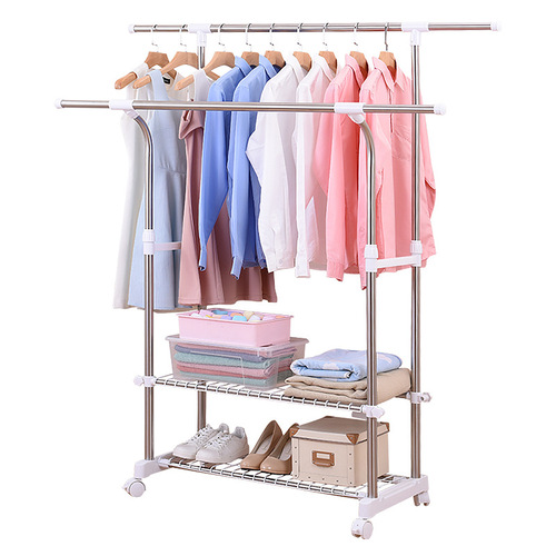 Clothes drying rack floor-standing household clothes drying rack double pole movable drying rack balcony telescopic stainless steel thick clothes drying pole