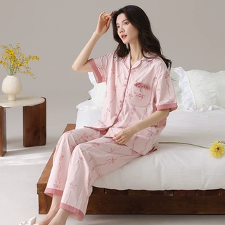 夏季爽棉拉架睡衣女士开衫甜美短袖长裤宽松可外穿少女家居服套装