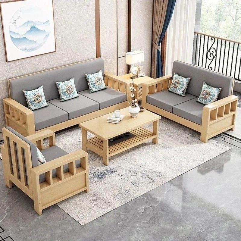 Solid wood upholstered sofa and coffee table set, new Chinese style, for home living rooms, small apartments, rental properties, simple three-seater sofa