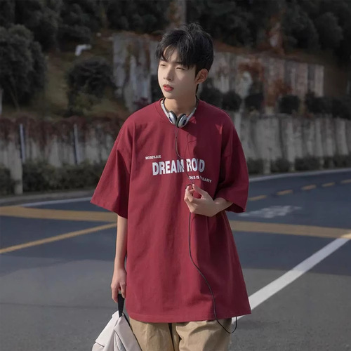 Men's Summer American Retro Coffee Short-Sleeve T-Shirt with Letter Print Loose Trendy Streetwear Casual Half-Shirt