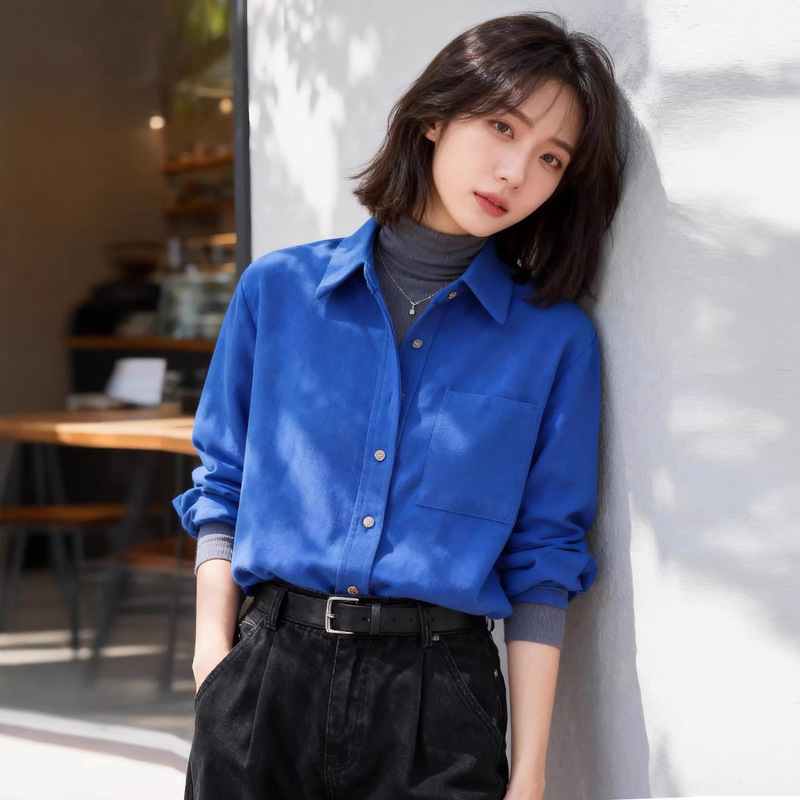 Autumn and Winter High-End Klein Blue Layered Shirt for Women, Brushed Fabric Turn-Down Collar Shirt, French Niche Design Top for Women