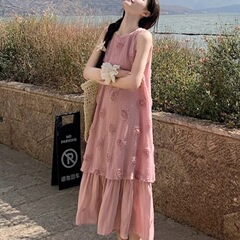 大きいサイズの太ったmmの夏のフランス式の復古の優しさの風の偽の2枚のフリルの袖なしのベストのワンピースの女性の気質の長いスカート