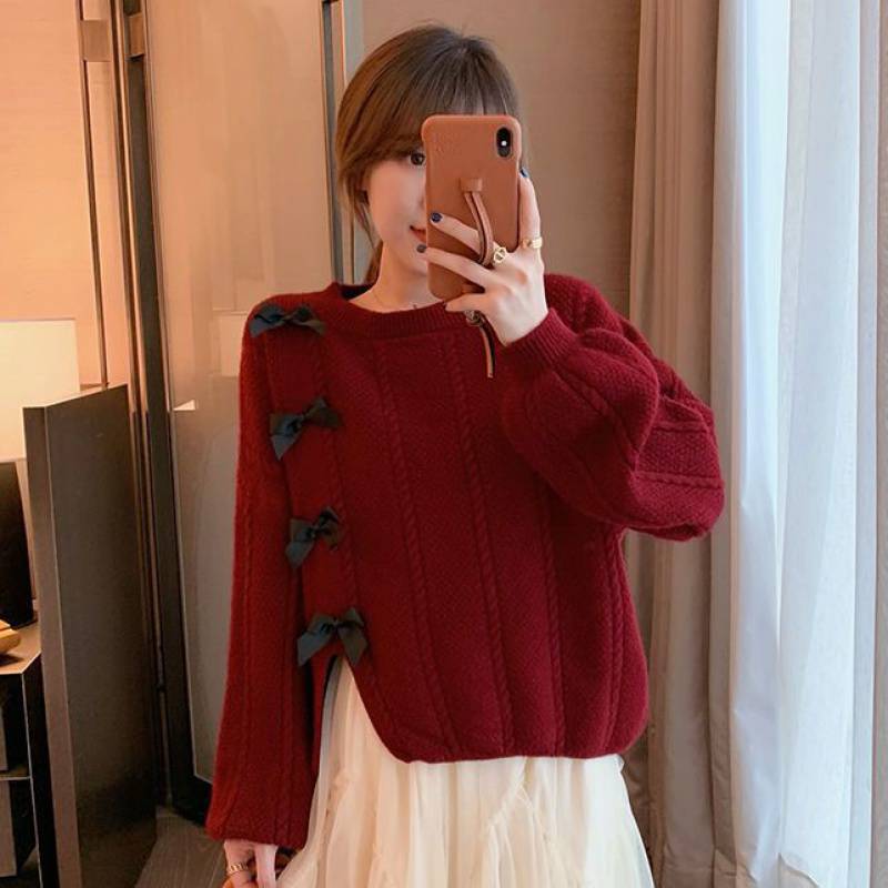 纯色毛衣女2023秋冬新款宽松蝴蝶结甜美可爱慵懒风套头女士针织衫