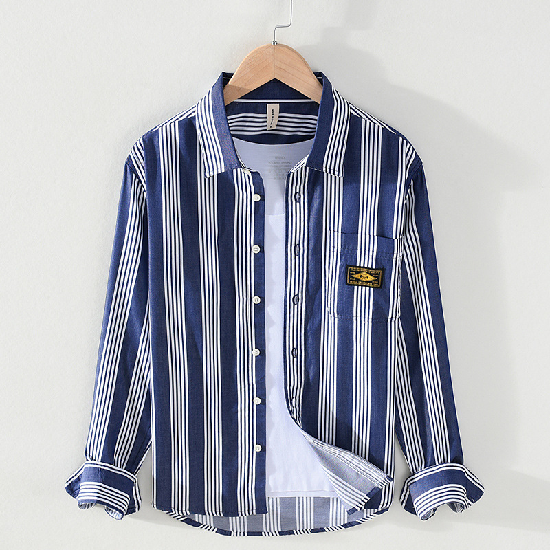 Nova camisa de algodão listrada casual masculina japonesa para primavera e verão, bolso solto para jovens, gola quadrada, camisa de manga comprida para homens_voghion.com