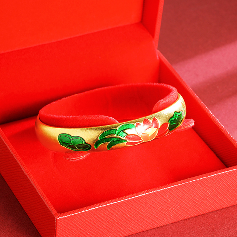 Viejo oro vietnamita goteo de oro loto pulsera abierta retro loto chino flores de viento joyas fabricantes al por mayor