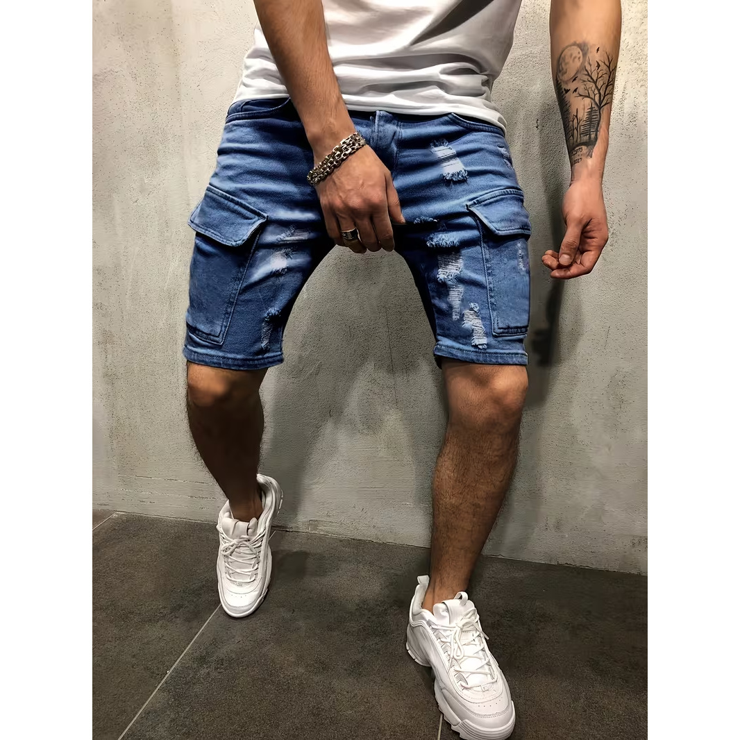 Men's Ripped Denim Shorts, Summer Stretch Cotton Cargo Shorts With Side Pockets, Slim Fit Casual Streetwear Style_viptrois.com
