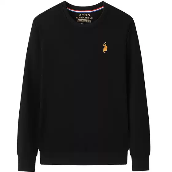 Premium Polo Men's Long-Sleeve Pullover T-Shirt, Spring/Fall Casual Loose Fit Embroidered Cotton Crew Neck, Plus Size