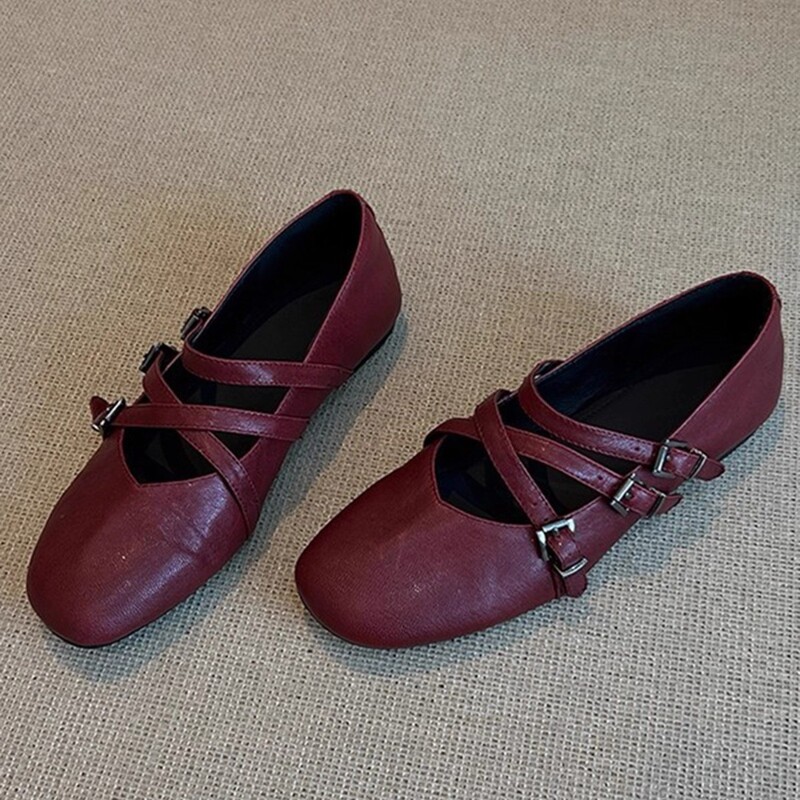 Sheepskin Version~French-Style Cross-Strap Red Mary Jane Shoes, Flat Shoes for Women, Shallow Mouth Evening Fairy Ballet Shoes Sheepskin Version~French-Style Cross-Strap Red Mary Jane Shoes, Flat Shoes for Women, Shallow Mouth Evening Fairy Ballet Shoes