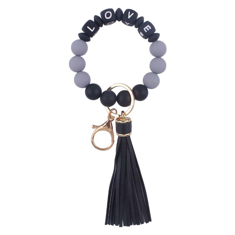 Nuevo cuero pu borla colgante llavero creativo DIY nombre cuentas de silicona con cuentas contraste color colgante llavero