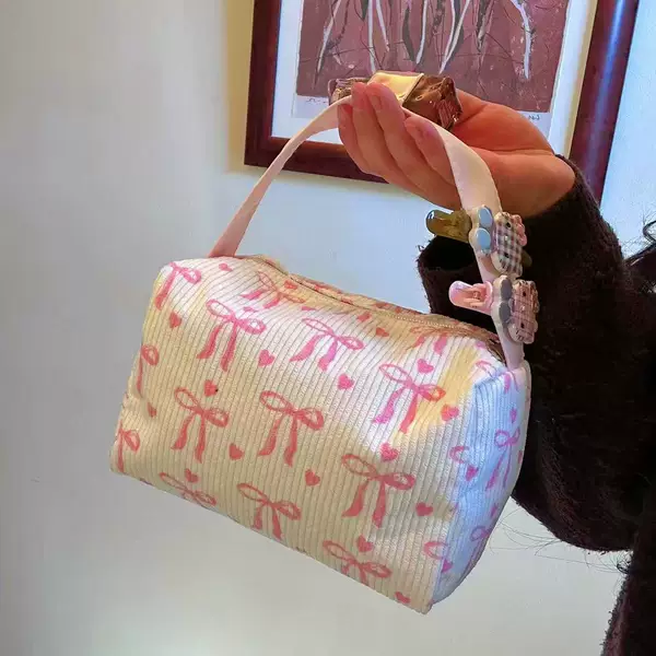 Bow Corduroy Printed Large-Capacity Zipper Cosmetic Bag Storage Bag for Friends