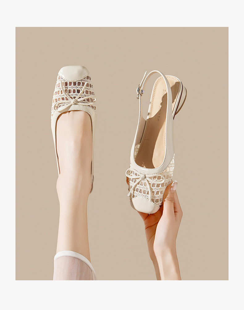 Sandal nữ mũi tròn quai ngang nơ bướm cổ điển, gót thấp thoáng khí — CV21 Bạc chi tiết 12