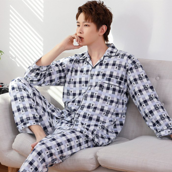 2024 nuevo pijama a cuadros para hombres primavera y otoño algodón de manga larga tamaño grande otoño y invierno para hombres se puede usar ropa para el hogar