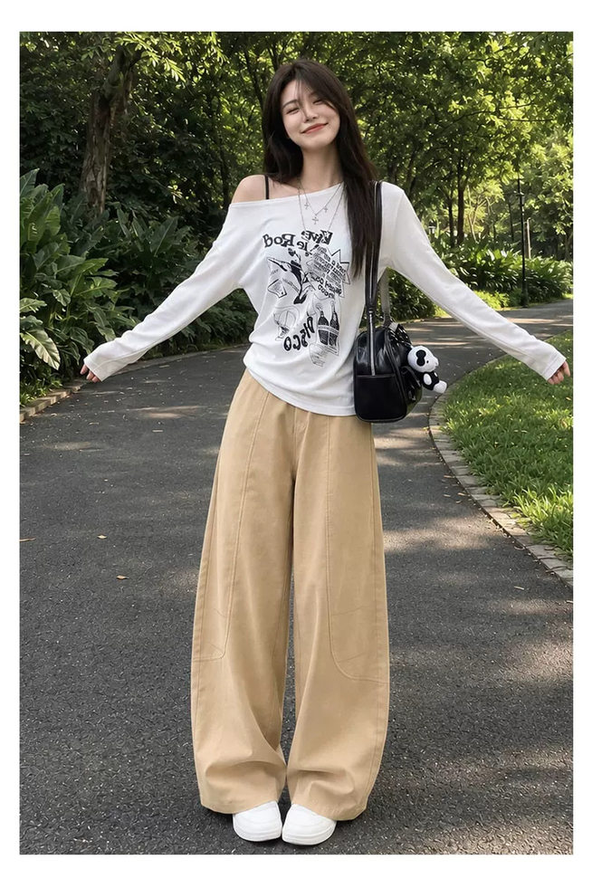 Quần ống rộng nữ cạp cao dáng suông thoải mái phong cách thường ngày — Kaki [Kiểu thông thường], Kaki [dành cho người cao], Kaki [dành cho người nhỏ nhắn], Màu xám nâu [dành cho người cao] chi tiết 13