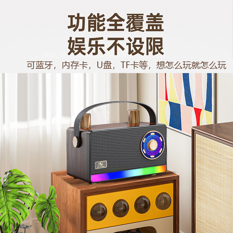 YS-313复古蓝牙音箱手提户外便携式K歌无线麦克风彩灯音响家庭KTV|undefined