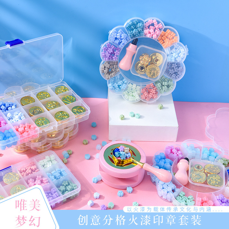 透明盒裝火漆印章套裝 唯美貓咪形狀蠟粒 夢幻櫻花蠟粒馬卡龍色系