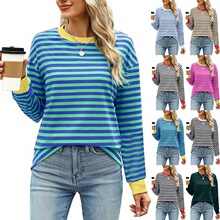 2025跨境欧美女装 亚马逊秋冬新款时尚撞色宽松圆领条纹长袖上衣