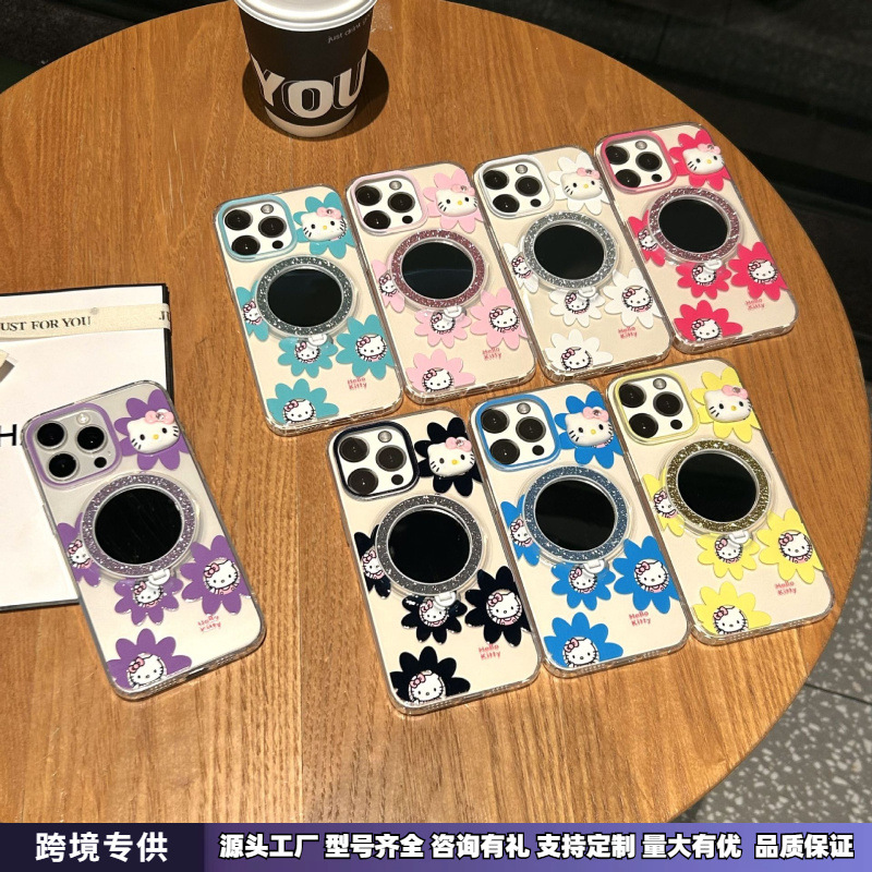만화 귀여운 KT 고양이 iPhone14/13 Apple/15PROMAX 휴대폰 케이스에 적합 17 스탠드 일체형 메이크업