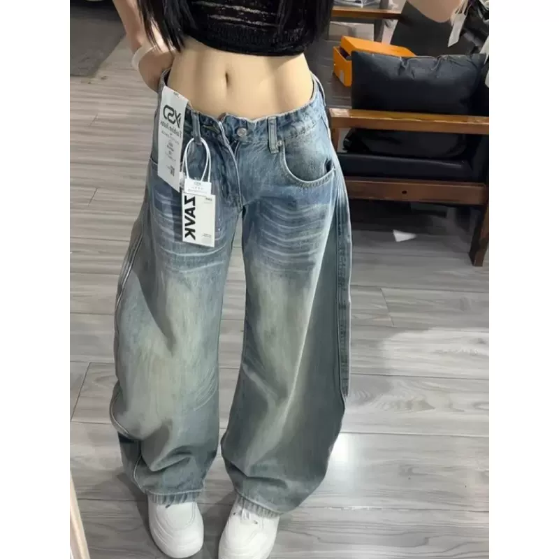 美式高个子宽松浅色廓形修身牛仔裤女秋冬2025新款胖MM显瘦阔腿裤