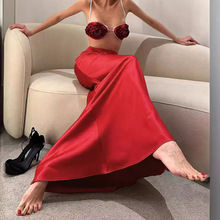 红色厚哑光色丁高腰拖地半身裙长裙2024欧美春季新款时尚跨境女装