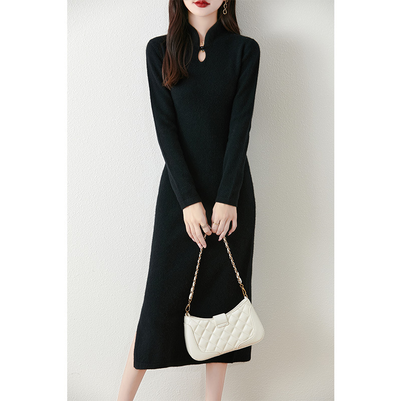 Guofeng Buckle Pure Wool dress Autumn and Winter New Slim-Fit Base Dress New Chinese Style Split Knitted Cheongsam Dress Guofeng Buckle Pure Wool dress Autumn and Winter New Slim-Fit Base Dress New Chinese Style Split Knitted Cheongsam Dress
