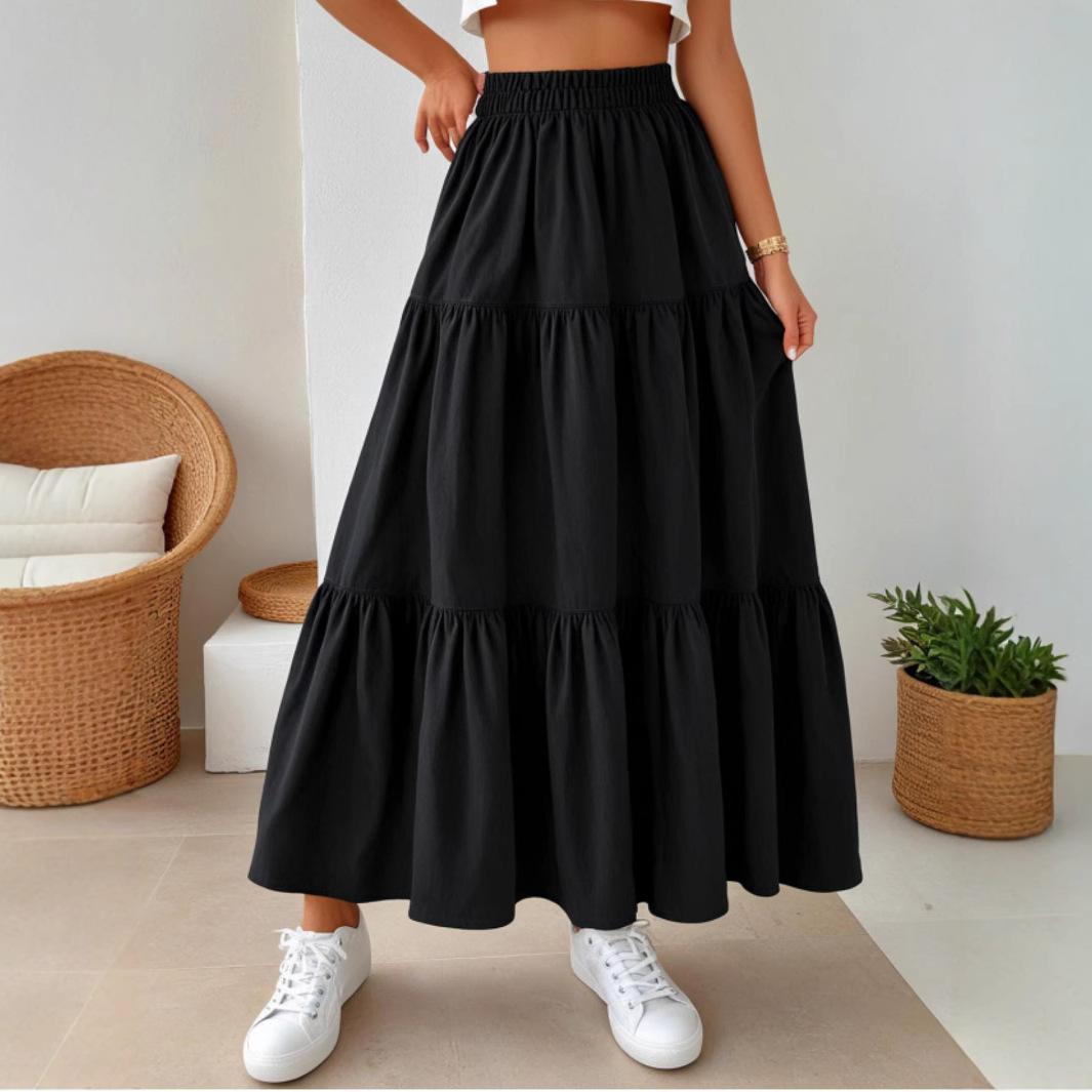加大码蛋糕褶皱长裙欧美尺码跨境现货A字纯色修身休闲日常半身裙