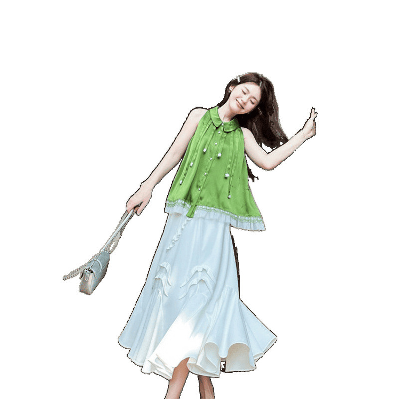 レトロなデザインのグリーンノースリーブベストトップ女性の夏のハイウエストフィッシュテールフリルスカートスーツ|undefined