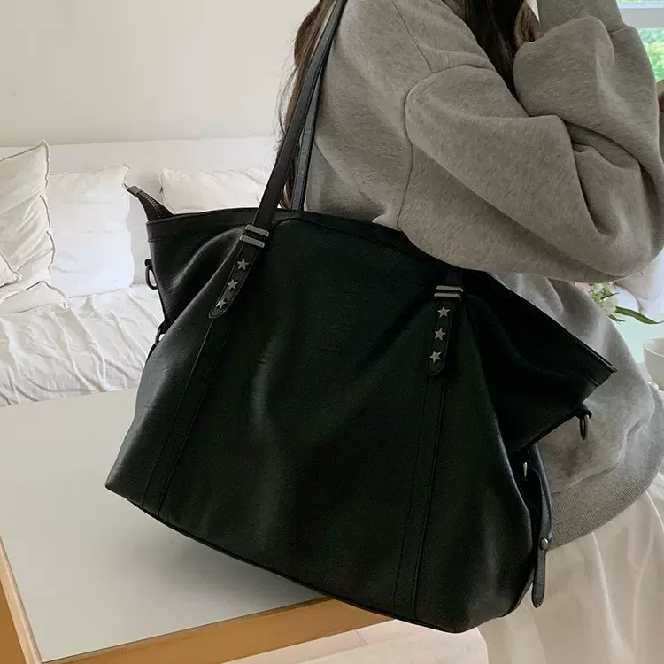 跨境欧美时尚大包包女士通勤复古软皮托特包新款铆钉单肩斜挎包