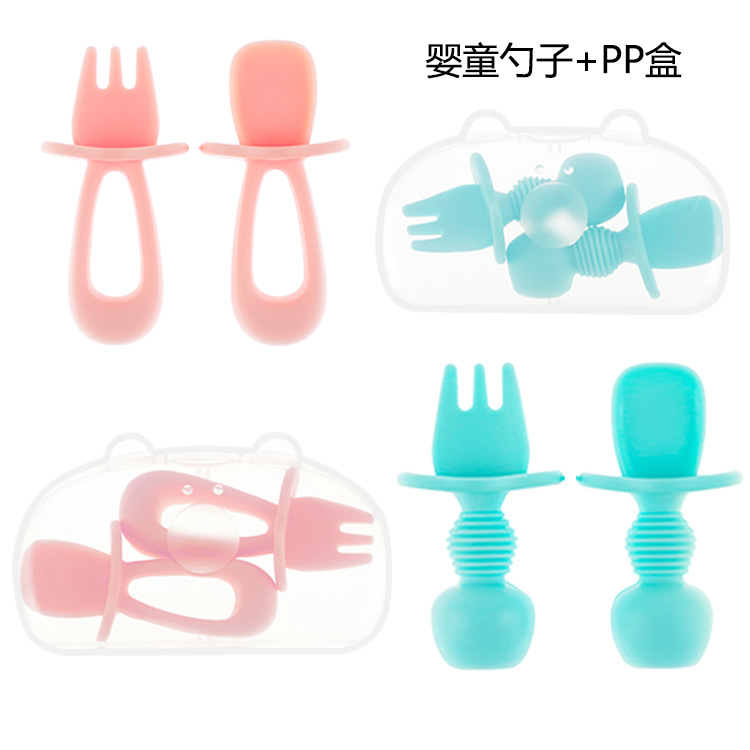 New Baby Training Spoon Short Handle Fork Spoon Licking Spoon Baby Learning to Eat Silicone Spoon Set with Box Wholesale