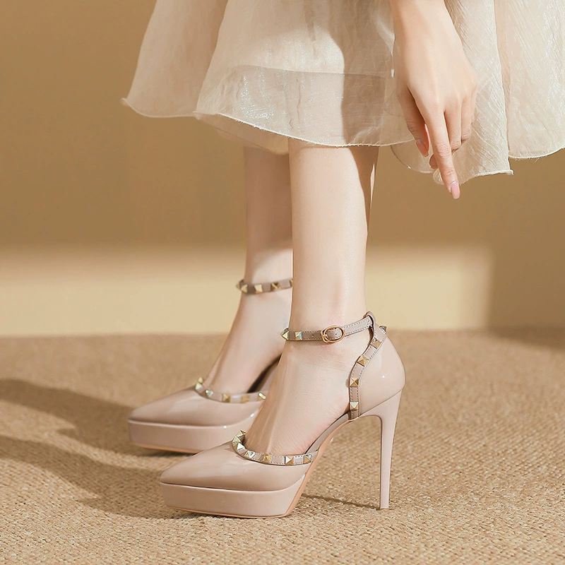 1233-23 Sexy rivet high heels for women 2025 Spring and Autumn New pointed toe thin heel waterproof platform single shoes 12CM