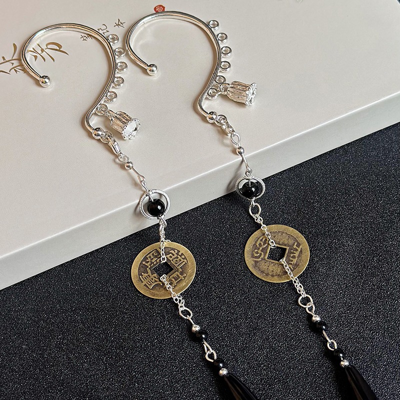 Guofeng Long Tassel Ear Hanging Earrings Women's New Chinese Style Antique Hanfu Copper Earrings Ear Clip Ear Jewelry for Men