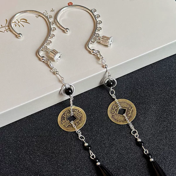 Guofeng Long Tassel Ear Hanging Earrings Women's New Chinese Style Antique Hanfu Copper Earrings Ear Clip Ear Jewelry for Men