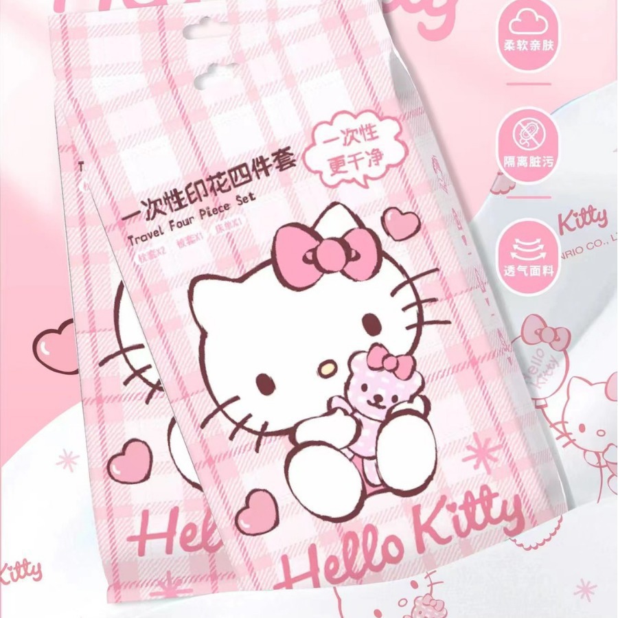 Sanrio Printed Bed Four-Piece Set Kt Cat Disposable Printed Independent Packaging Portable Bed Bed Sheets Quilt Cover Pillowcase