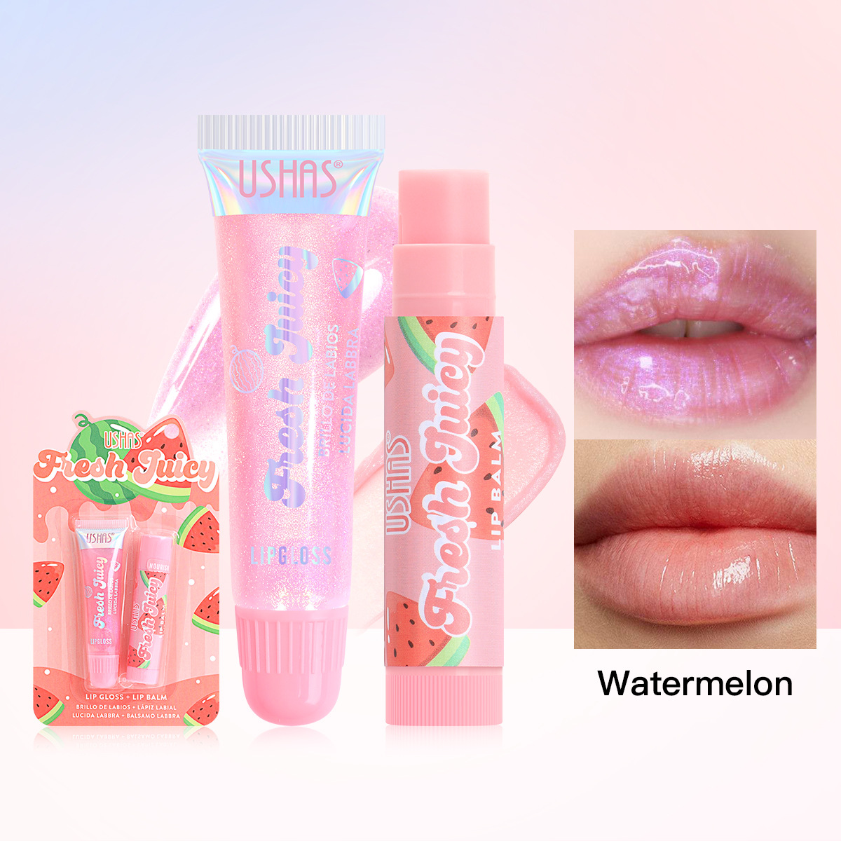 USHAS European and American Cross-border spot lápiz labial brillo de labios sabor a fruta combinación hidratante e hidratante US012