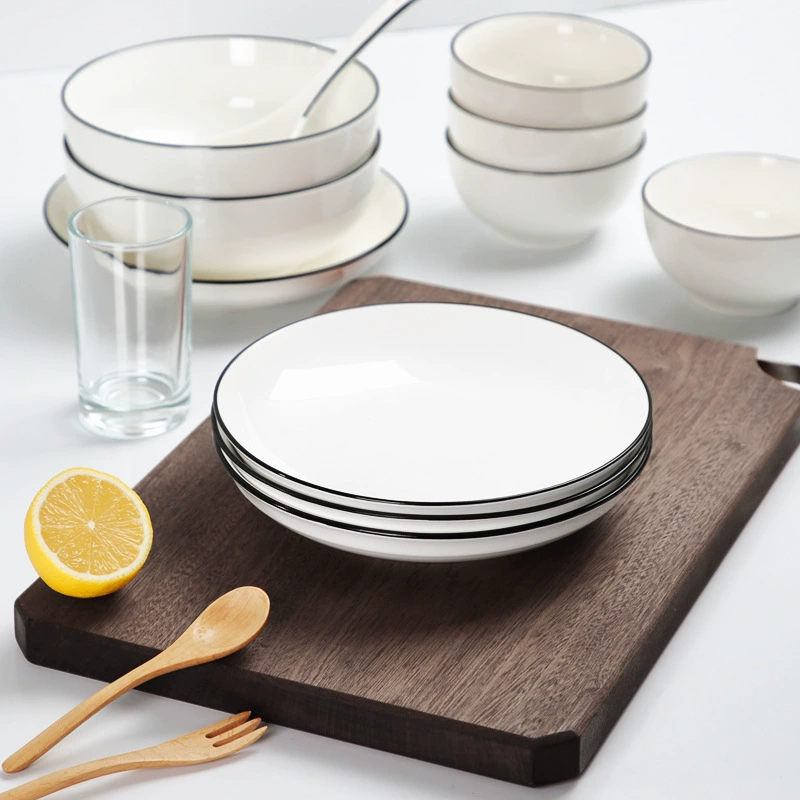 Набор мисок и тарелок, простая керамическая посуда, керамическая миска, европейский стиль, круглая китайская черная линия.