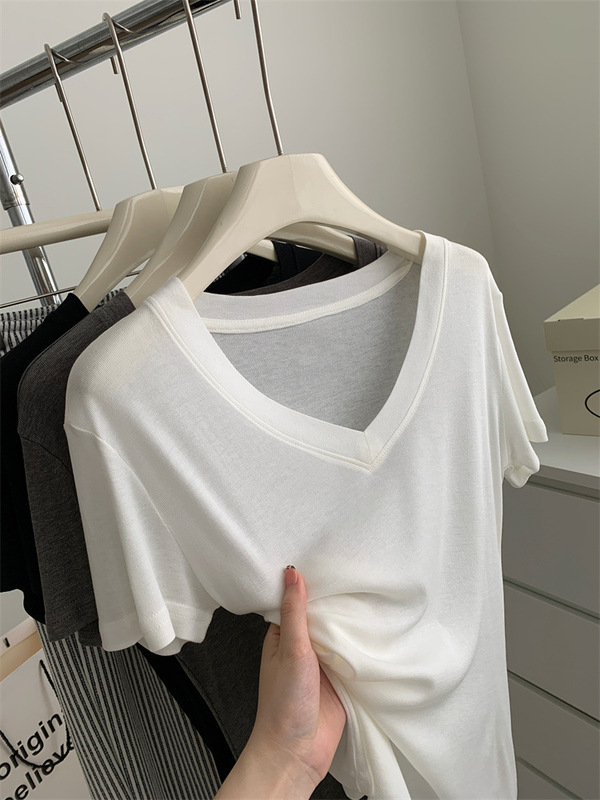 Boutique Silk V-neck Clavicle T-shirt Elegant All-match Slimming Lyocell Tencel Shoulder Short Sleeve Spring and Summer Thin Base