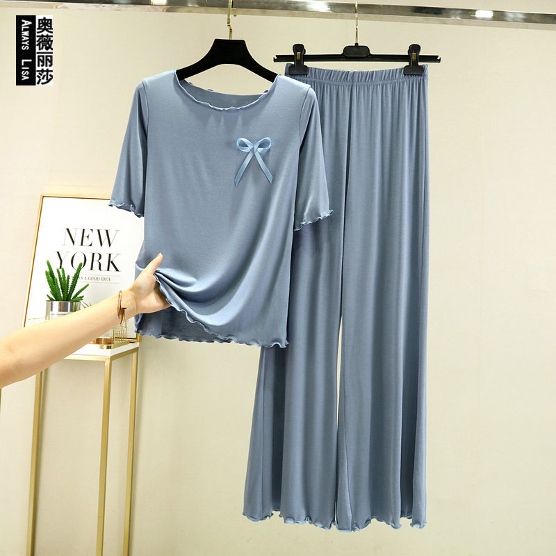 Summer Flashside Horn Sleeve T-shirt Micro Wide Leg Pants T-shirt Outer Wear Base Shirt Loose Casual Home Clothes Two-piece Set Summer Flashside Horn Sleeve T-shirt Micro Wide Leg Pants T-shirt Outer Wear Base Shirt Loose Casual Home Clothes Two-piece Set