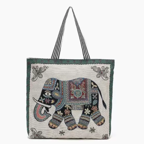跨境泰国托特包刺绣大象时尚单肩女包新款女手提帆布大容量托特包