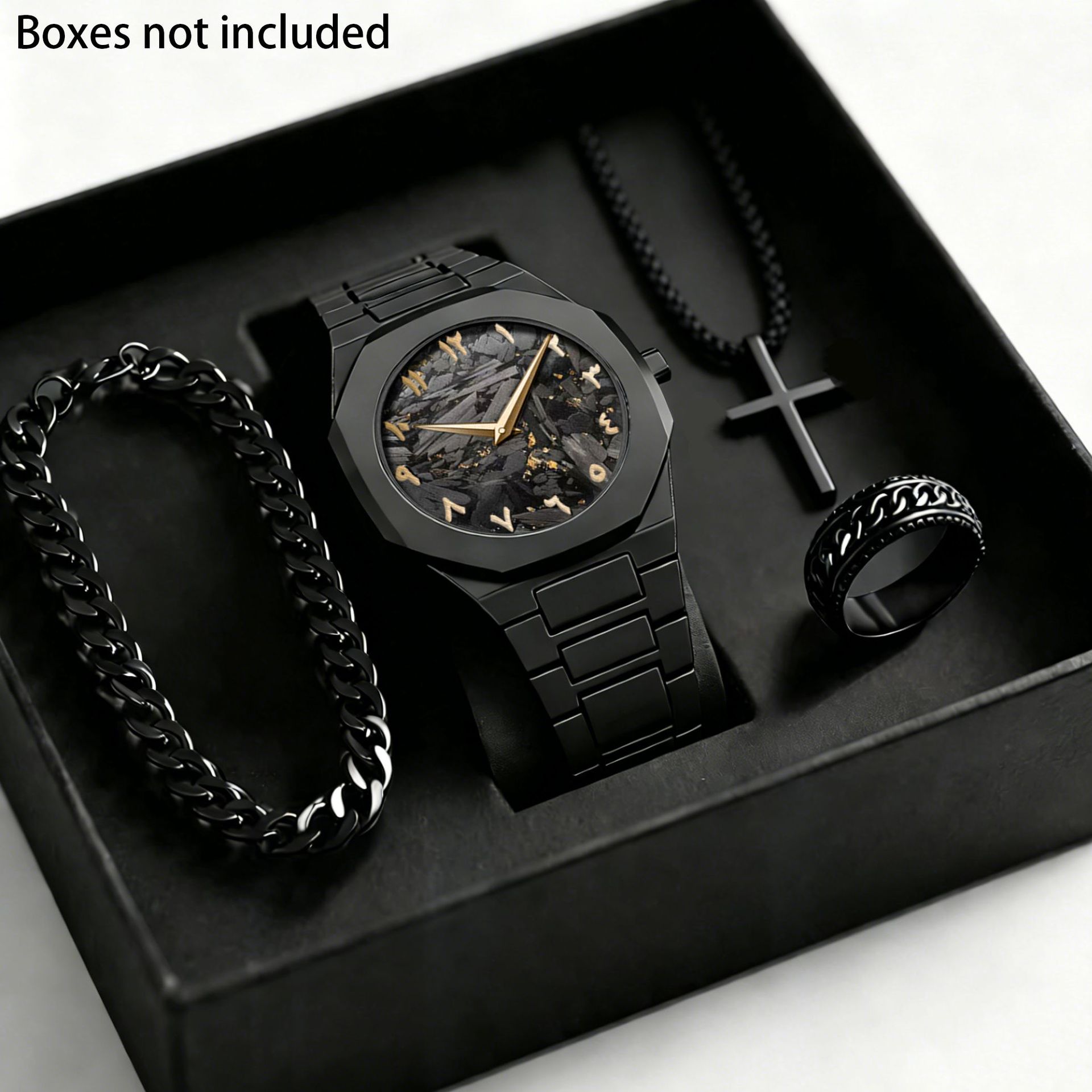 Transfronterizo explosión de moda de Oriente Medio relojes de cuarzo de moda de hombre relojes de pulsera negros anillo collar conjunto caja de regalo image 17